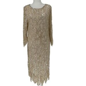 Vintage Whimsy Flapper Art Deco Swee Lo Champagne Silk Beaded Sequin Dress READ